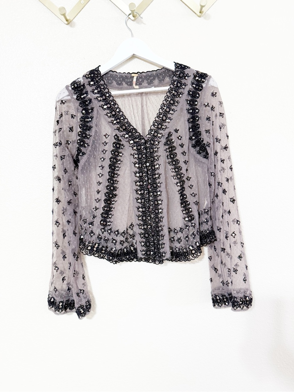 Free People Declan Sequin Sheer Embellished Shirt in Petrified Wood Combo Med - Picture 4 of 8